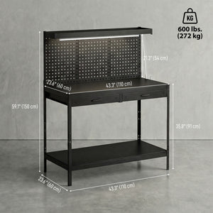 Workbench with LED Light and Power Strip, 43" Heavy Duty Work Table with Pegboard and Drawers for Garage Workshop, Black