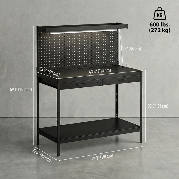 Workbench with LED Light and Power Strip, 43" Heavy Duty Work Table with Pegboard and Drawers for Garage Workshop, Black