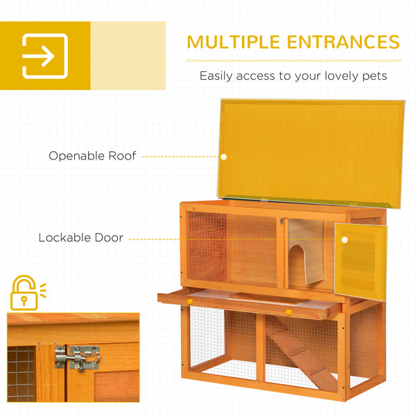 Wooden rabbit hutch with run, pull-out tray, and waterproof roof