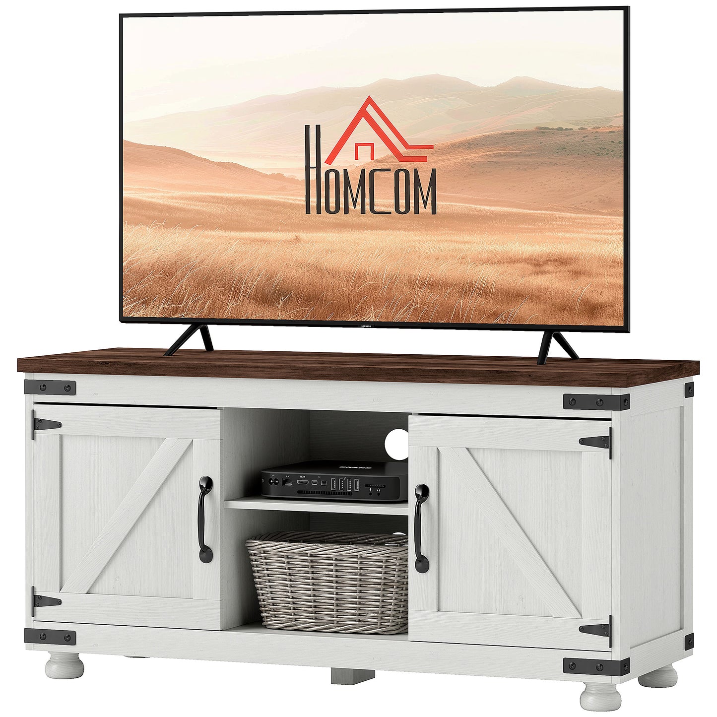 Meuble TV HOMCOM Farmhouse pour téléviseur jusqu'à 50 pouces, avec portes de grange et gestion des câbles pour le salon, blanc vieilli
