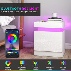 Ensemble de 2 tables de chevet avec éclairage DEL RGB, contrôle Bluetooth et 2 tiroirs – Blanc