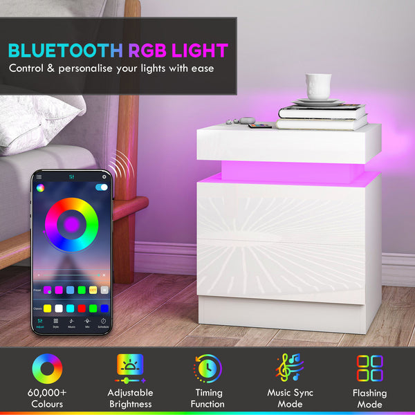 Ensemble de 2 tables de chevet avec éclairage DEL RGB, contrôle Bluetooth et 2 tiroirs – Blanc