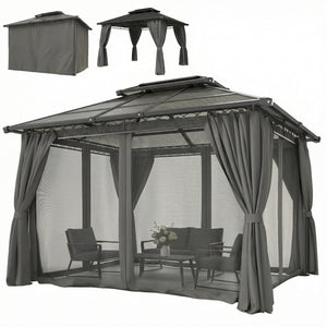 Gazebo 10' x 12' à double toit rigide avec toit en polycarbonate, structure en acier, moustiquaires et rideaux