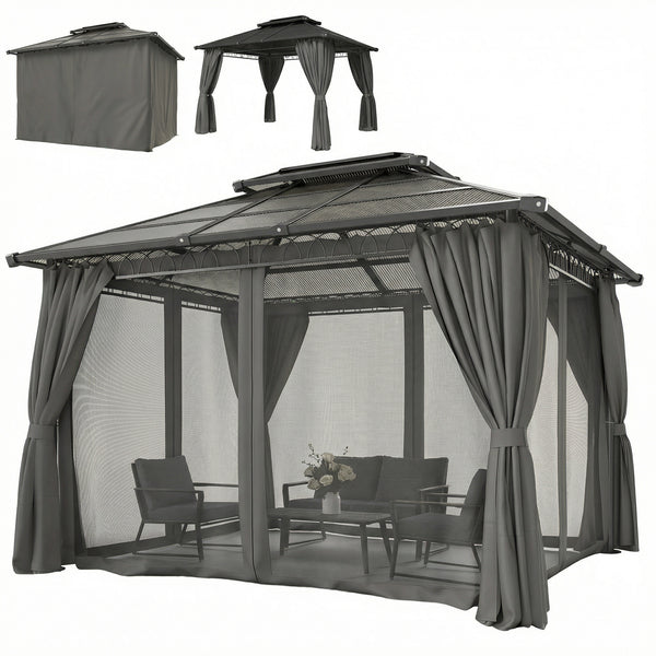 Gazebo 10' x 12' à double toit rigide avec toit en polycarbonate, structure en acier, moustiquaires et rideaux