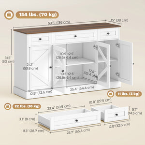 Buffet de cuisine de style campagnard avec portes coulissantes en acrylique et 3 tiroirs, finition bois blanc.