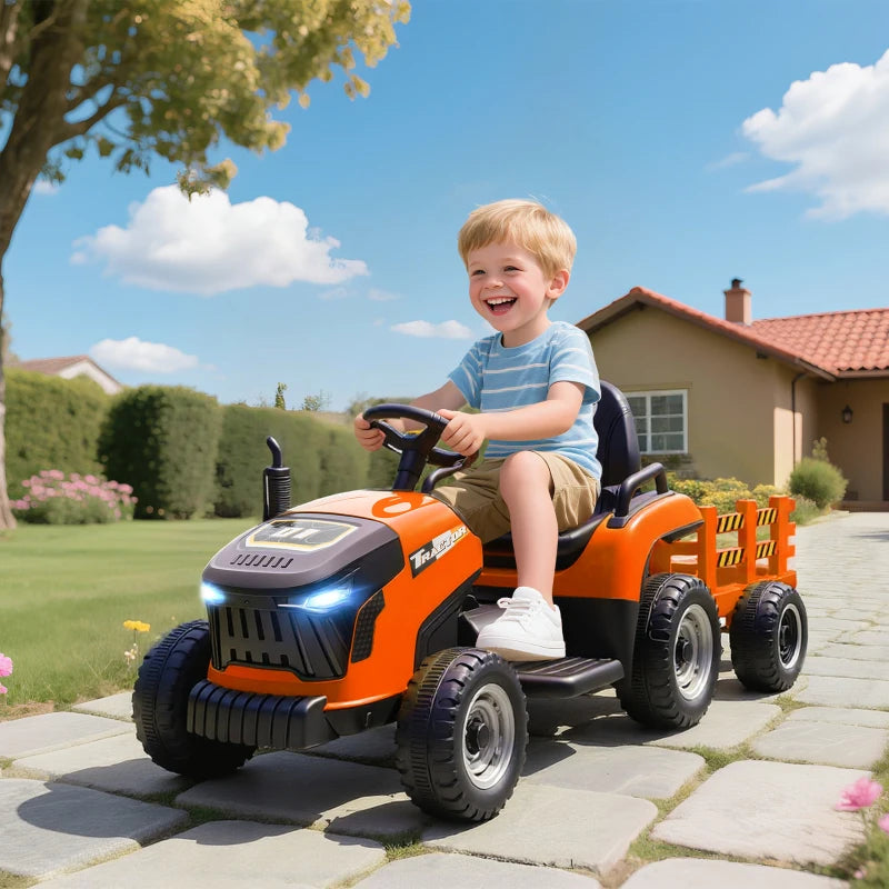 Tracteur 12 V orange avec remorque, télécommande, musique, lumières