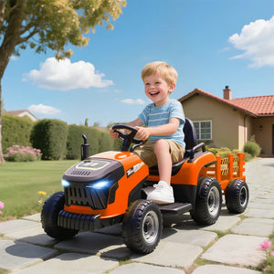 Tracteur 12 V orange avec remorque, télécommande, musique, lumières