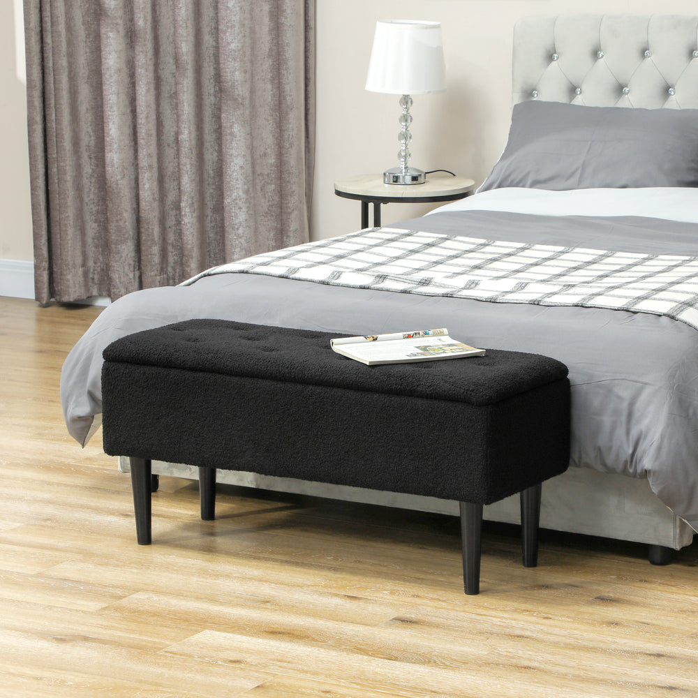 Banc de rangement moderne avec revêtement en laine d'agneau, noir