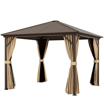 Gazebo 10' x 10' à toit rigide en aluminium avec moustiquaire, rideaux et crochet de suspension, marron
