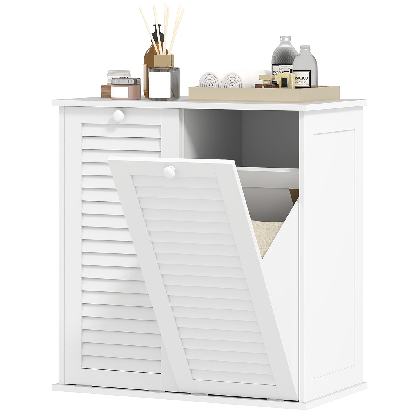 Armoire à panier à linge basculant avec 2 paniers et 2 portes persiennes, blanc