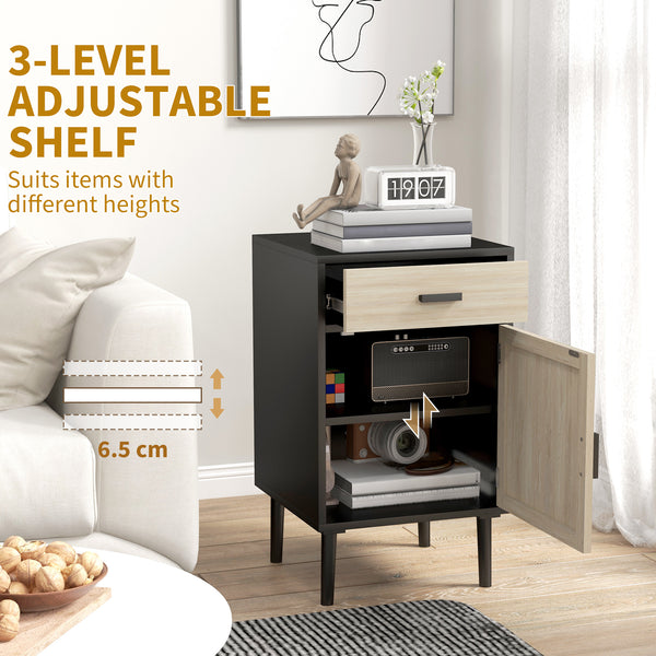Lot de 2 tables de chevet bohèmes avec tiroir, meuble en rotin, étagère réglable pour chambre et salon, noir