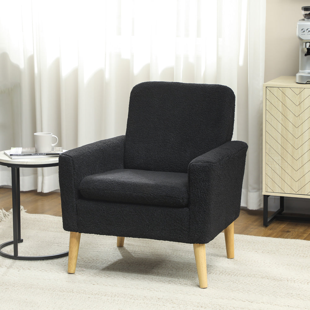 Fauteuil d'appoint en tissu avec pieds en bois et large assise rembourrée, noir