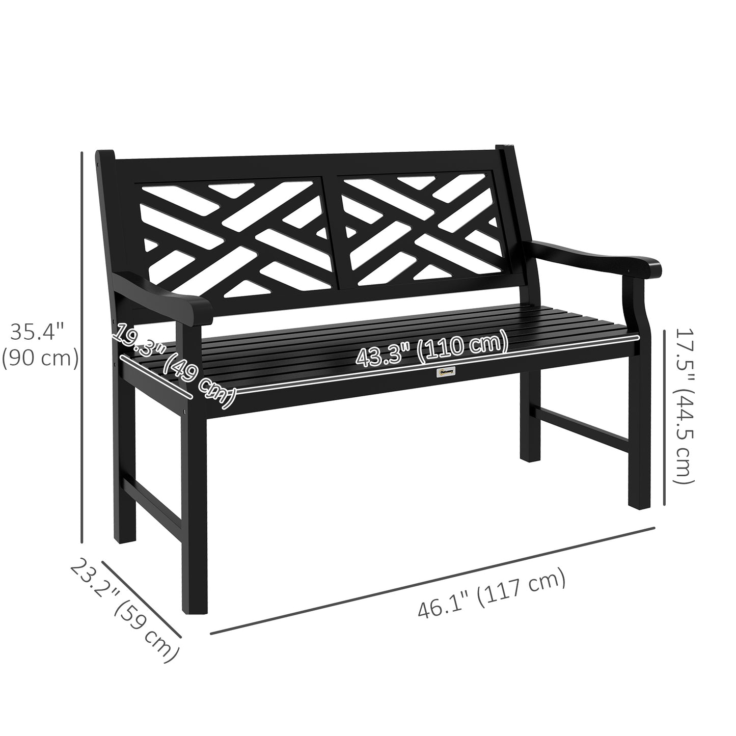Banc d'extérieur en bois avec cadre à lattes et accoudoirs, 2 places, noir