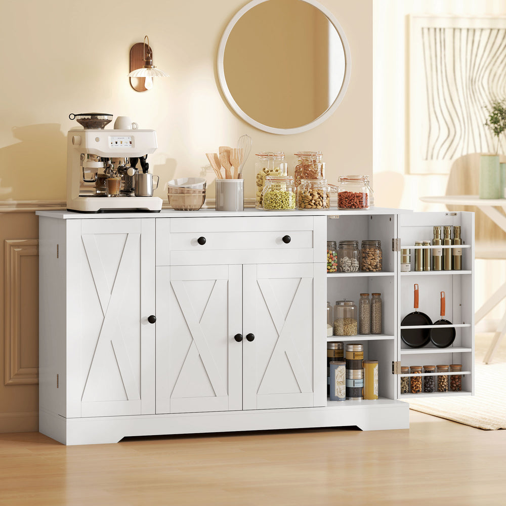 Buffet de style campagnard avec porte, étagères réglables, tiroir, blanc