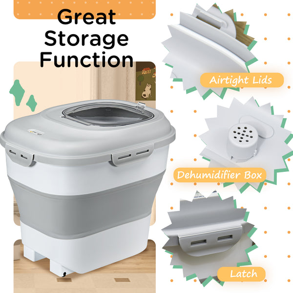 Foldable pet food storage container with airtight lid, grey