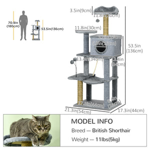54" Cat Tree with Hammock, Scratching Post, Hideaway and Play Balls, Grey