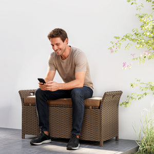 Banc de rangement extérieur 2 en 1 en osier avec poignées et coussin, couleur beige