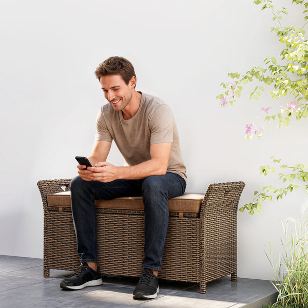 Banc de rangement extérieur 2 en 1 en osier avec poignées et coussin, couleur beige