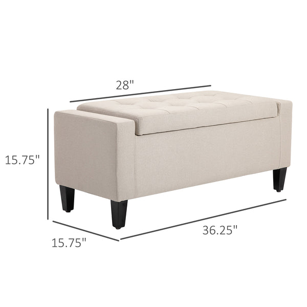Banc ottoman de rangement capitonné en tissu toucher lin avec plateau rabattable, beige