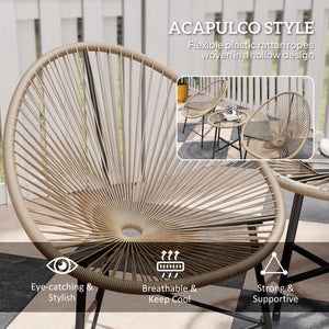 Outdoor Bistro Set, 3 Piece Wicker Patio Furniture Set with Acapulco Chairs and Glass-Top Table, Natural Wood
