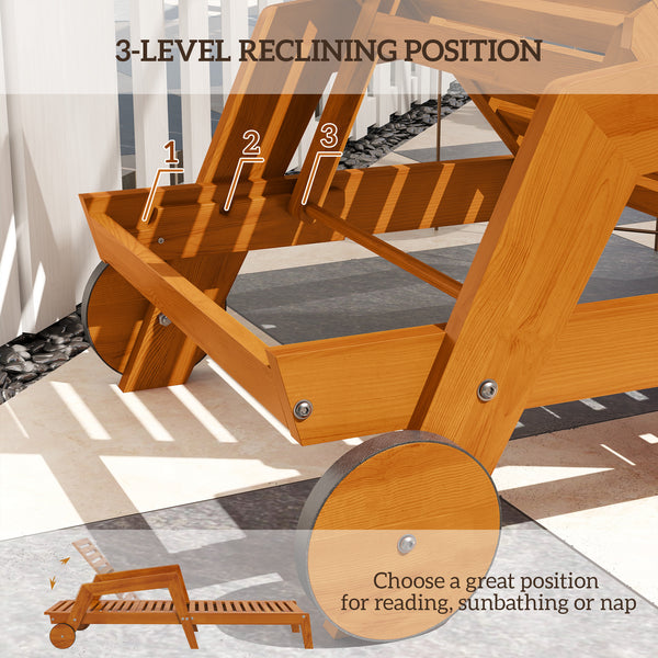 Wood Lounge Chair Outdoor Tanning Chair with Wheels, 3-Position Adjustable Backrest and Armrests, Orange