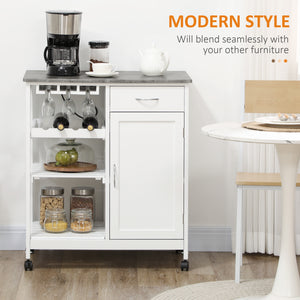 Rolling kitchen trolley with wooden top and drawer, white