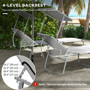 2Pcs Outdoor Lounge Chair, Adjustable Folding Chaise Lounge with Sun Shade for Beach, Camping, Hiking, Light Grey
