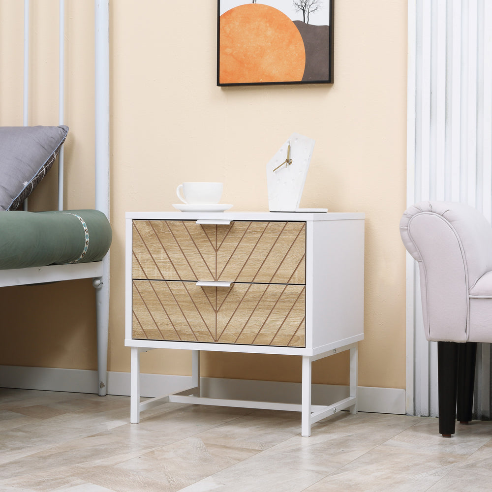 Table de chevet moderne avec 2 tiroirs et structure en acier, blanc et chêne