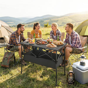Table de camping pliante avec filet de rangement, sac de transport et structure métallique, noire