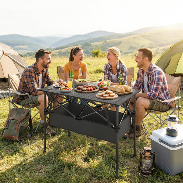 Table de camping pliante avec filet de rangement, sac de transport et structure métallique, noire