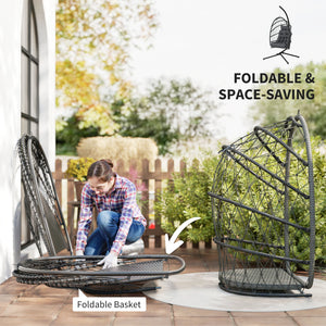 Fauteuil suspendu œuf avec support, balancelle pliable en rotin tressé avec coussin épais et corde de sécurité, gris