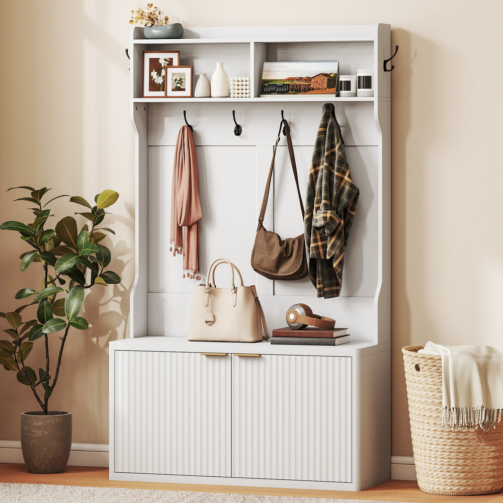 Porte-manteau 4 en 1 avec banc à chaussures intégré, étagère ouverte pour entrée, blanc