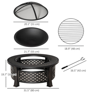 Braséro d'extérieur avec grille, couvercle en maille, tisonnier, pour camping, feu de camp, pique-nique, bronze