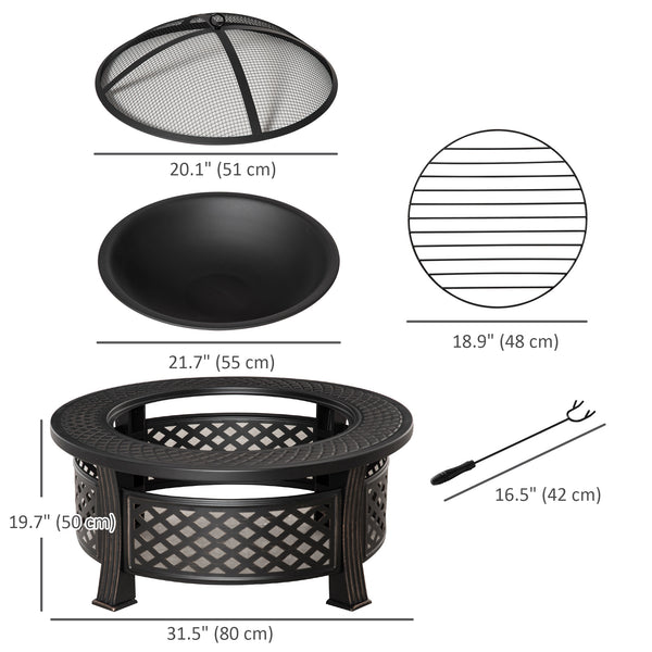 Braséro d'extérieur avec grille, couvercle en maille, tisonnier, pour camping, feu de camp, pique-nique, bronze
