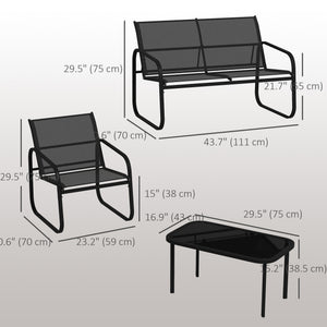 Ensemble de mobilier de patio 4 pièces comprenant 2 causeuses, 2 fauteuils et une table à plateau en verre, noir