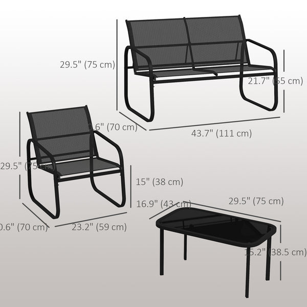 Ensemble de mobilier de patio 4 pièces comprenant 2 causeuses, 2 fauteuils et une table à plateau en verre, noir