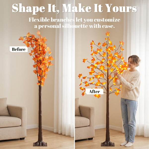 6FT Artificial Lighted Maple Tree with 96 LED Lights, Daily Timer, Fall Decoration with Bendable Branches