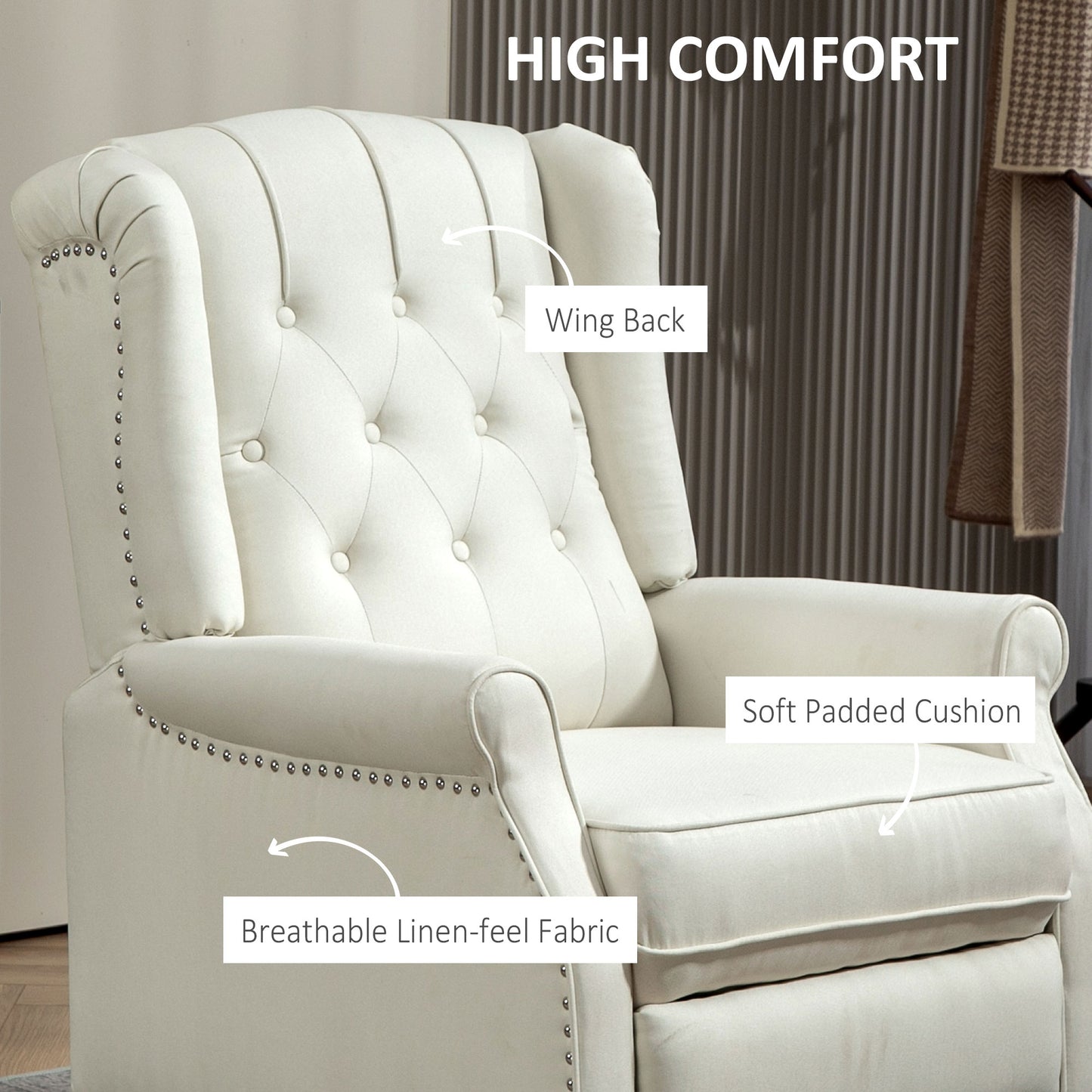 Fauteuil inclinable avec repose-pieds, capitonné et accoudoirs roulés pour salon, blanc crème