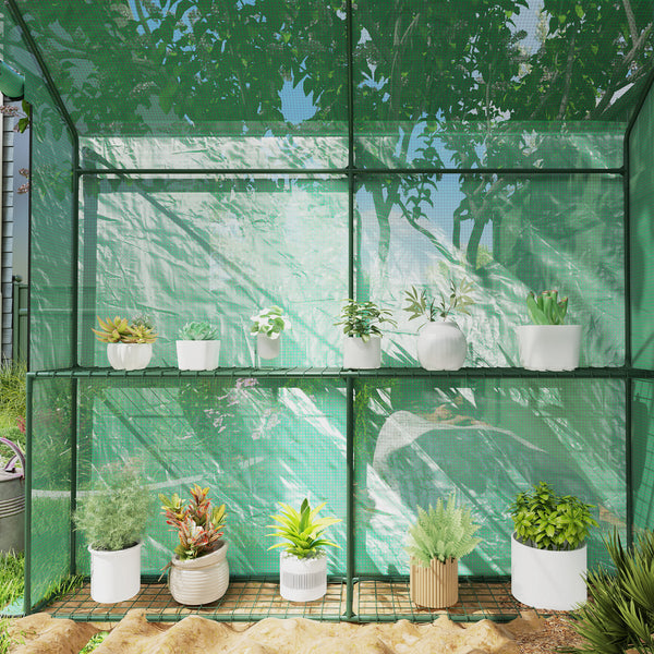 Portable outdoor greenhouse with roll-up door, green
