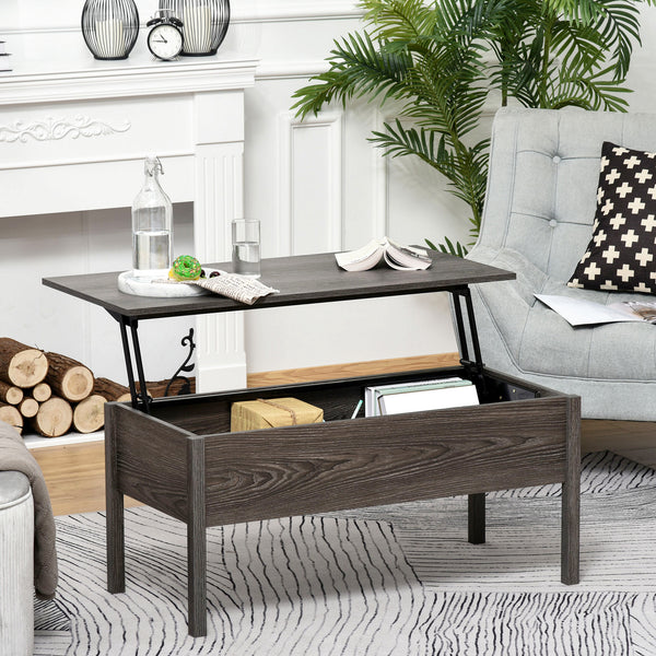 Table basse moderne avec plateau relevable et compartiment de rangement dissimulé, gris