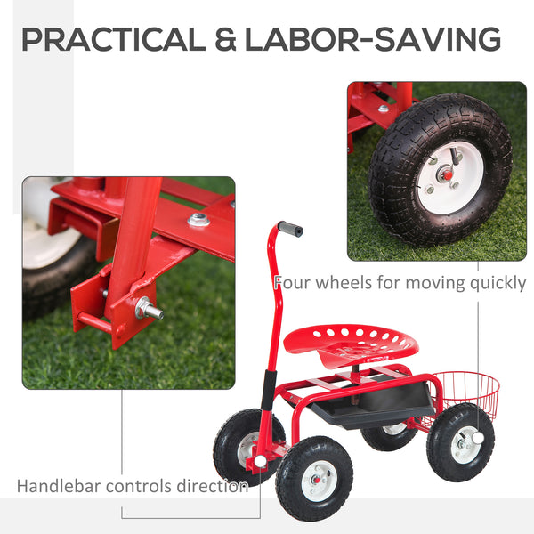 Chariot à roulettes avec siège pivotant et réglable, rouge et noir