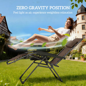 Ensemble de 2 chaises longues d'extérieur Zero Gravity, pliantes et inclinables, avec porte-gobelet et appui-tête, marron