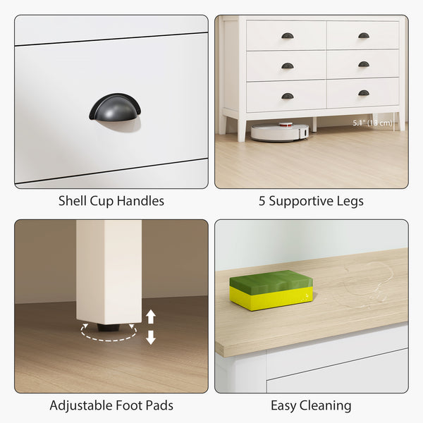 Commode avec glissières silencieuses à 6 tiroirs, blanche