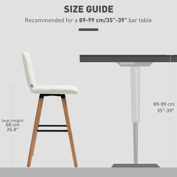 Lot de 2 tabourets de bar rembourrés, pieds en bois massif, blanc