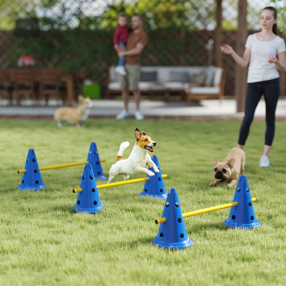 Dog Agility Hurdle Cone Set, Adjustable Obstacle Course Equipment with 6 Cones & 6 Poles, Carry Bag, Blue
