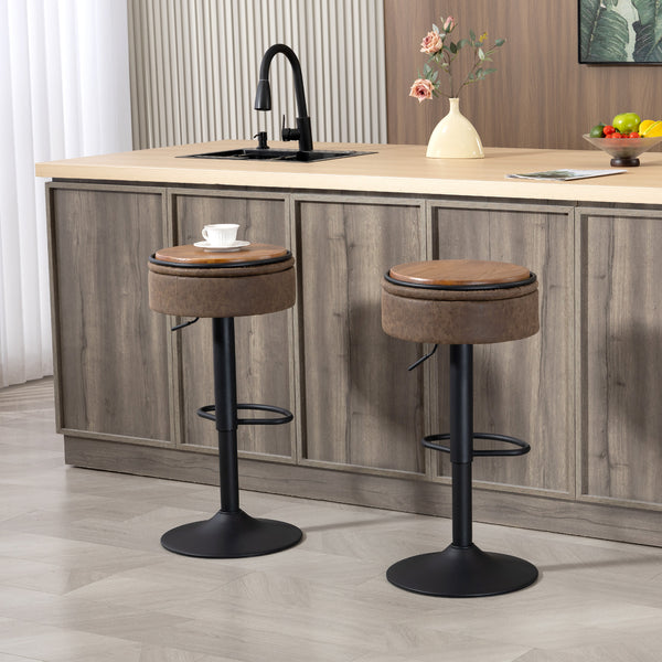 Set of 2 swivel bar stools with storage, faux leather upholstery, footrest, steel base, brown