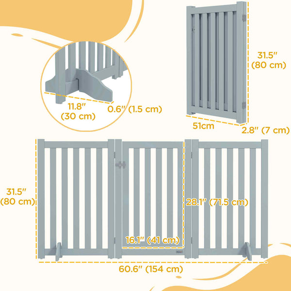 3-Panel Foldable Dog Gate with Feet, Grey