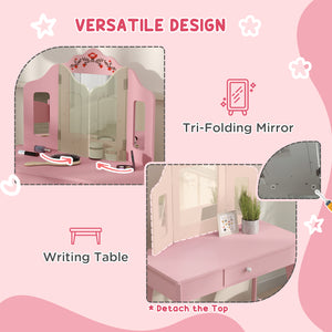 Coiffeuse avec miroir amovible à trois volets et tiroir, rose
