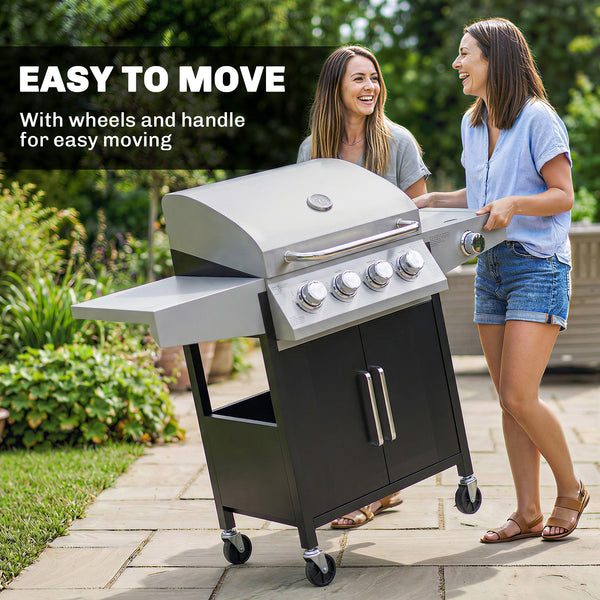4+1 burner propane gas barbecue with side burner, warming rack and side shelf.