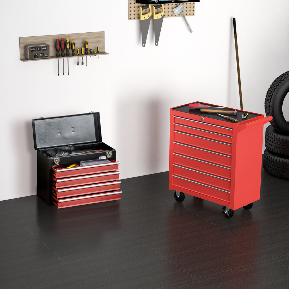 Coffre à outils verrouillable (ensemble de 2 pièces) : armoire à 7 tiroirs, coffre à outils à 4 tiroirs avec poignée, rouge